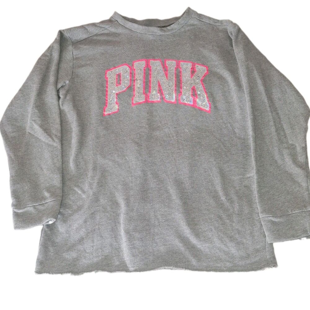 Victorias Secret PINK Logo Sweatshirt Y2K Bling Sequin Raw Hem Gray S